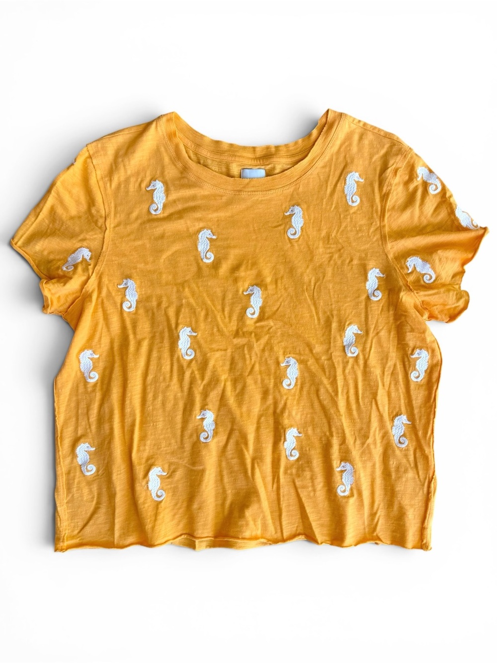 Anthropologie Mustard Yellow Embroidered Seahorse Short Sleeve T-Shirt - Picture 4 of 6